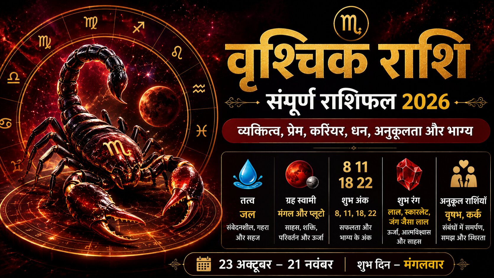 वृश्चिक राशि के व्यक्तित्व, प्रेम, करियर, धन और शुभ अंक की संपूर्ण जानकारी।